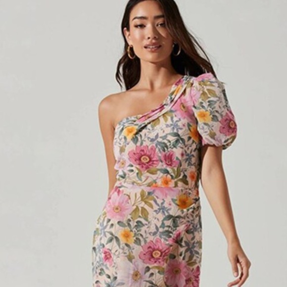 Astr The Label Beige Floral Printed One Shoulder A-Line Midi Dress Size S - Picture 15 of 15